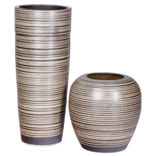 CU2G1-  Chinese Ceramic Urns - set of two - ribbed chocolate