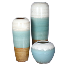 CU3BW1- Chinese Ceramic Urns - set of three - white, sea green and ochre
