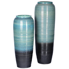 CU2BB1 -Chinese Ceramic Urns -  set of two -ribbed blue and black