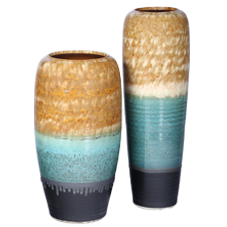 CU2Y1 - Chinese Ceramic Urns - set of two - ochre, blue and black